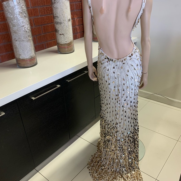 Sherri Hill 54912 Ivory/ Silver/ Gold gown with deep V neckline open back - Picture 3 of 4